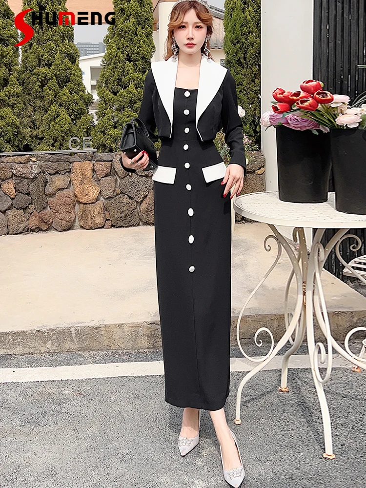 

Spring New Dresses Elegant Tight Waist Sheath Long Sleeve Youthful-Looking Dress Patchwork Contrast Color Nice Women's Clothes