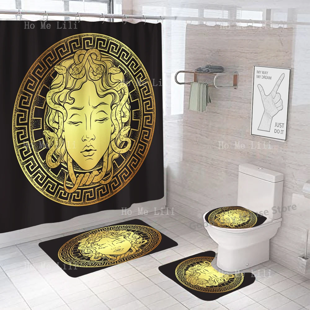 Shower Curtain Set Luxury Black And Gold Polyester Fabric Washable Shower Curtain 3d Marble Toilet Cover Bathroom Accessories Se