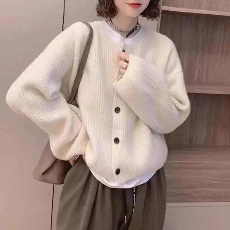 

Женский свободный корейский короткий топ, свитер в ленивом стиле, однотонный вязаный кардиган ранней осени, куртка