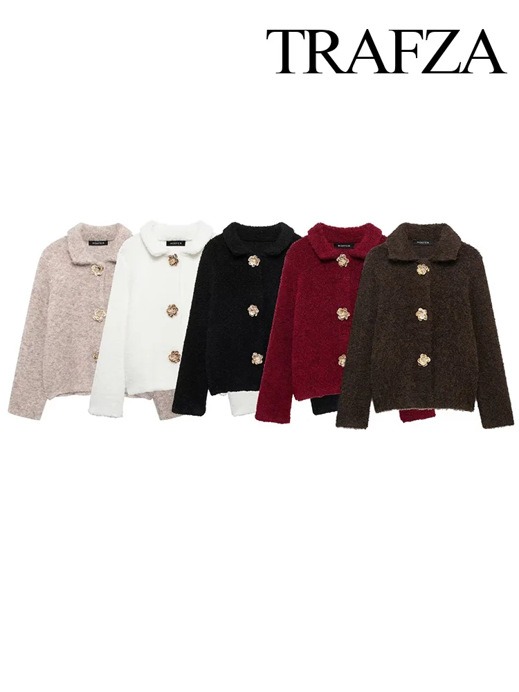 TRAFZA Woman Fashion Casual Sweater Cardigan Autumn Female Chic Flowers Shape Single Breasted Lapel Long Sleeve Knitted Coat