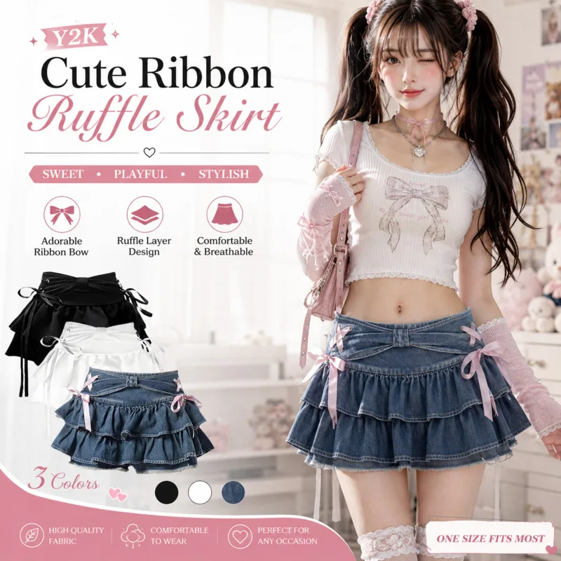 Denim Dress Mini Dress High Waisted Bowknot Lace Up Tiered Y2K Korean Style Slim Ruffled Skirt For Young Women Summer Daily Wear
