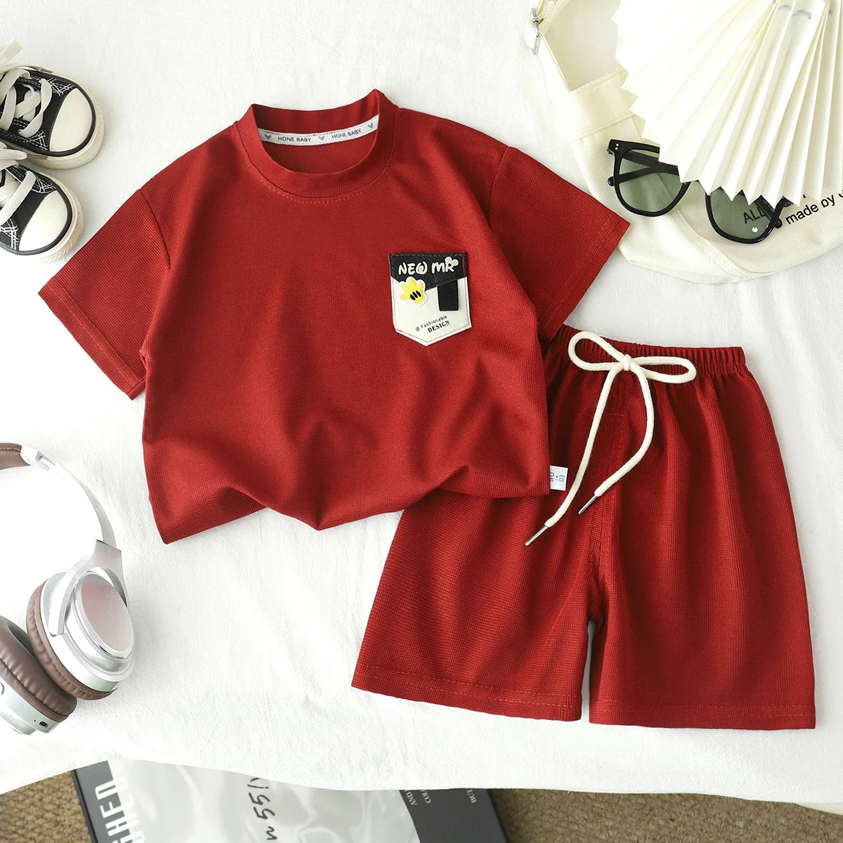 2PCS/Set Kids Waffle Clothes Set Summer Short Sleeve T-shirt+Short Pants For Girls Boys Casual Clothing