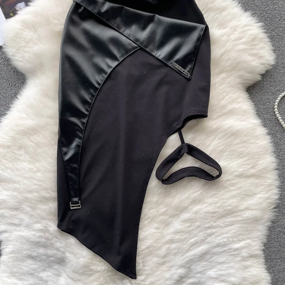 Długa spódnica damska z wysokim stanem, w kształcie litery A, z asymetrycznym rozcięciem, dopasowana, plisowana, z ekoskóry, seksowna, obcisła, o średniej długości, w stylu koreańskim.