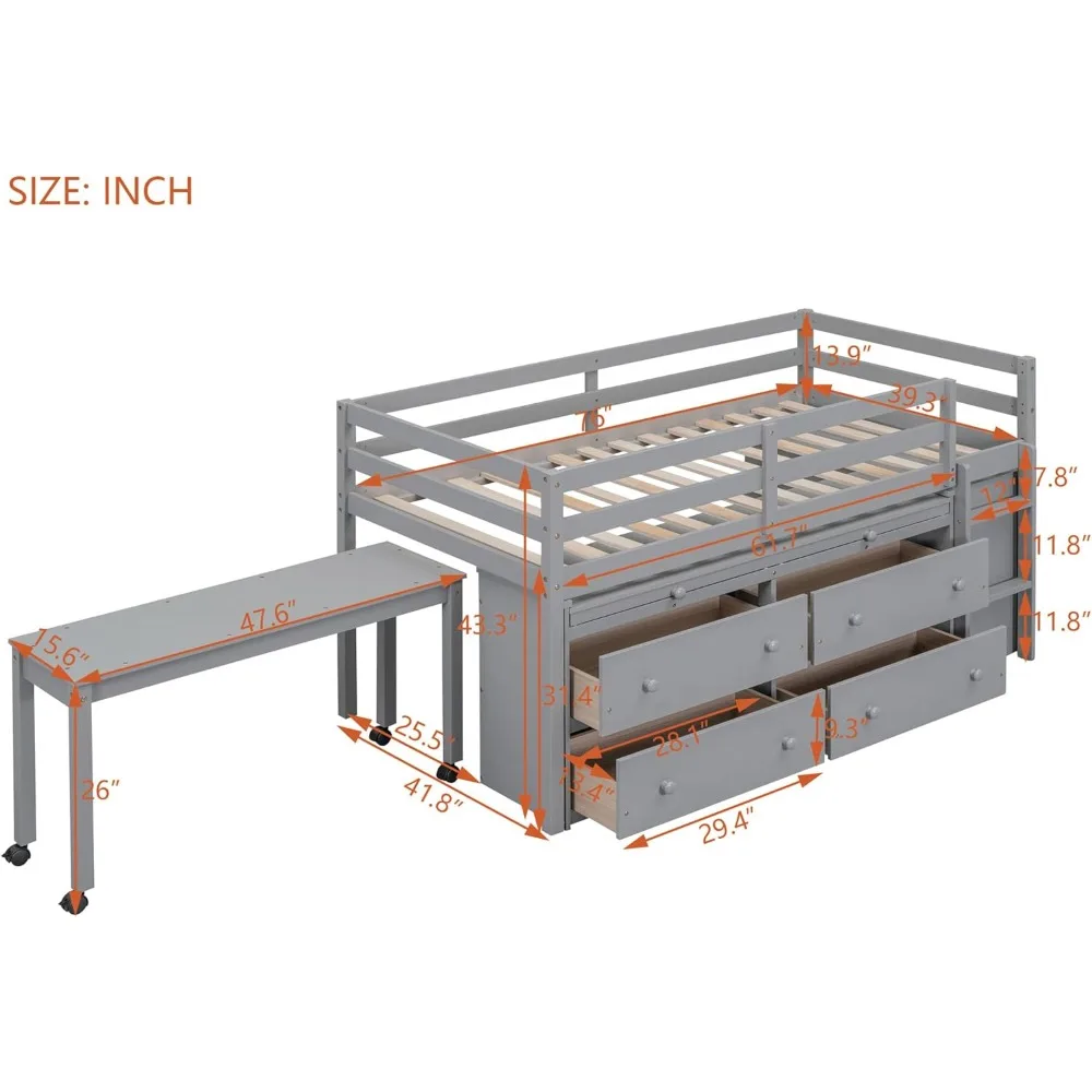 Twin Size Low Loft Bed with Rolling Portable DeskTwin Bed Frame For Kids With Storage Cabinet,Drawers and Shelves76Lx41.8Wx43.3H