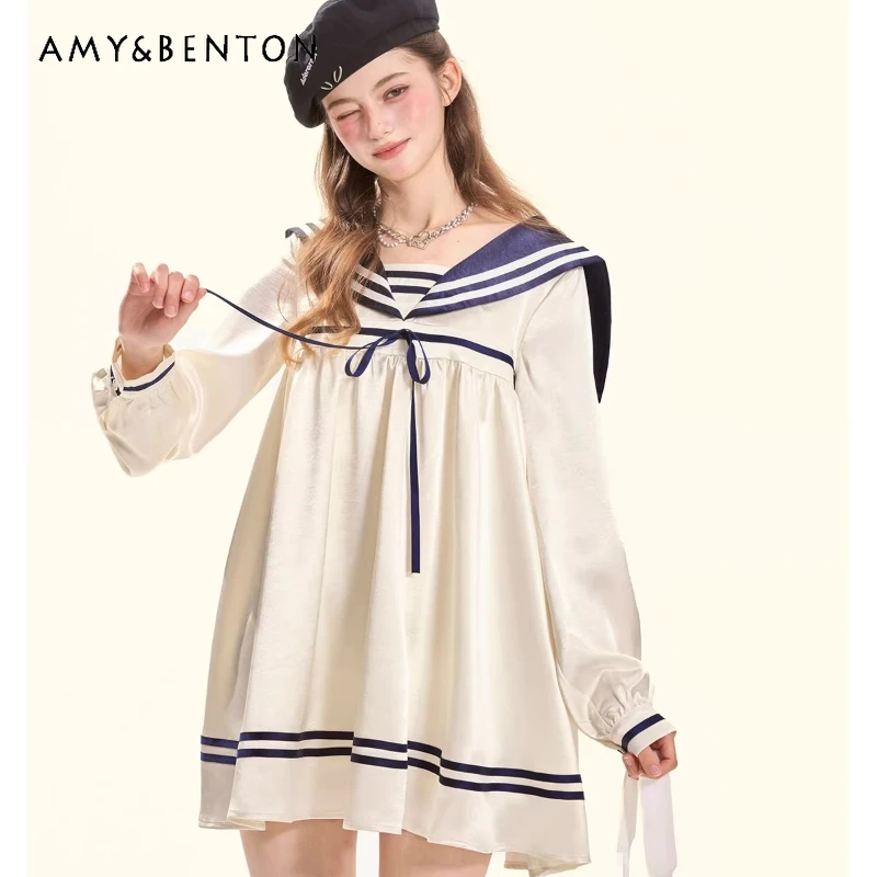 

2026 Spring Autumn New Blue White Splicing Satin Doll Navy Women's Dress Original Design Loose Sweet Cool Elegant Dresses Ladies