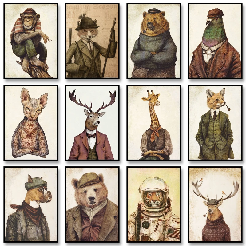 Vintage Animal Photo Album Canvas Paintings Old Family Album Poster and Print Wall Art Picture for Home Decoration