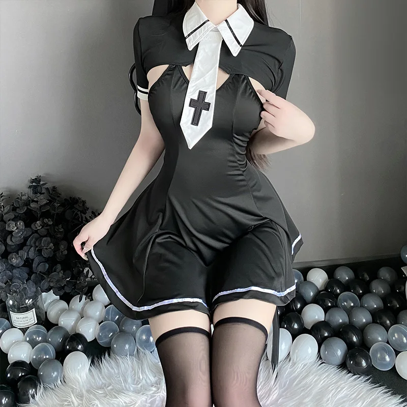 Sexy Nun Costumes Women Fancy Anime Roleplay Outfits Gothic Maid Uniform Nun Dress Erotic Lingerie Set Halloween Party Clothing