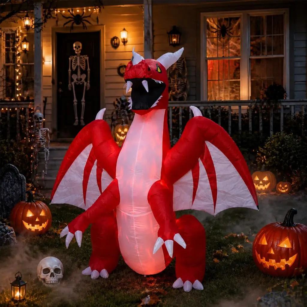 8 ft (240 cm) Halloween Inflatable Skeleton Pterodactyl for Yard, Giant LED Light Up Blow Up Dinosaur with Flame Effect, 210T Polyester Taffeta, 4 Metal Stakes and 2 Ropes, Quick Inflate Fan, Spooky Outdoor Lawn Porch Decoration
