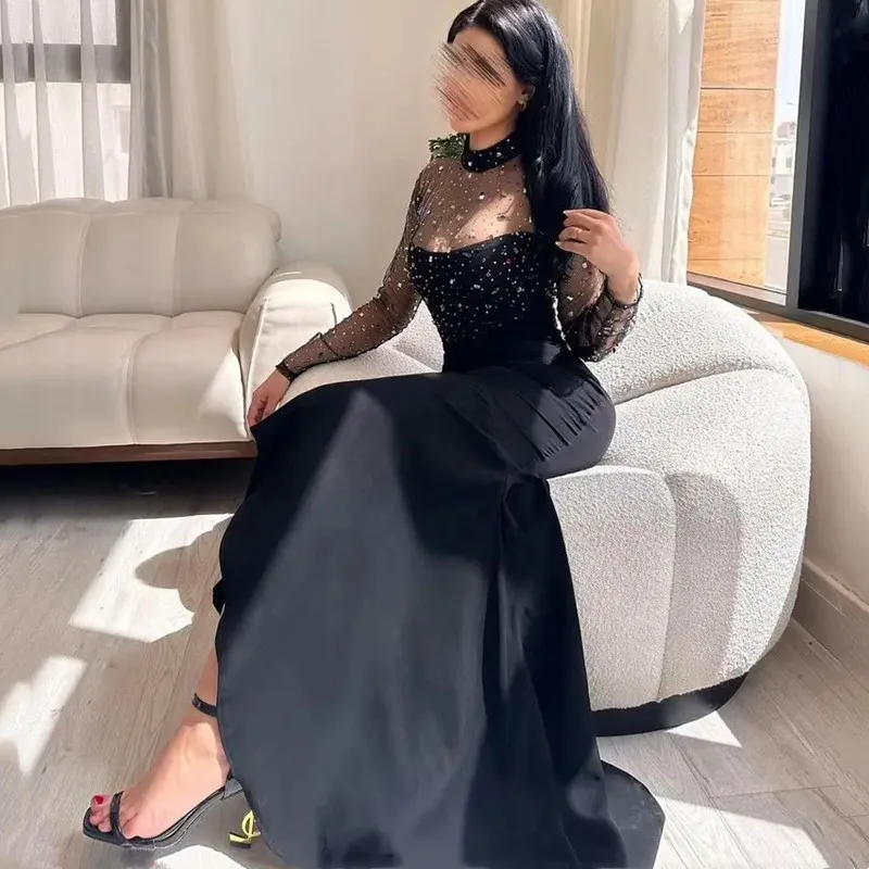 Aleeshuo Saudi Arabia Mermaid Prom Dress O-Neck Illusion Tulle Crystal Beaded Formal Evening Dress Ankle-Length Party Dress 2024