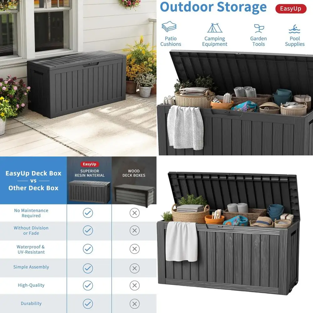 Resin Deck Box, 85 Gallon Waterproof Outdoor Storage, UV-Resistant, Black Striped for Patio, Garden, Poolside