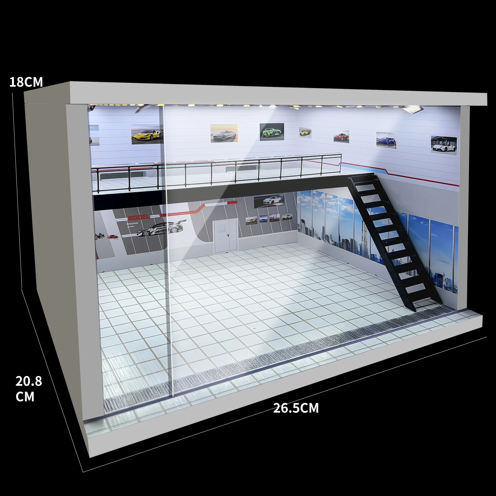 1/64 Scale Car Parking Garage Diorama Models with USB LED Lighting & Acrylic Display Case Miniature Car Model Display Box