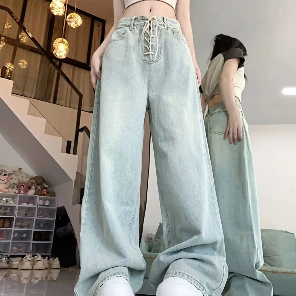 

Light Color Retro Drooping Wide-Leg Jeans Women 2025 Summer New Niche Design Drawstring High Waist Loose Straight Floor Pants