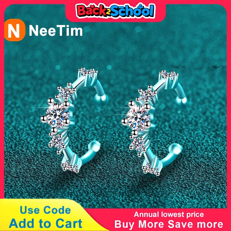 

NeeTim Full Moissanite Clip Earrings Women Luxury Quality Hip Hop Party S925 Sterling Silver with White Gold Plated Hoop Earring