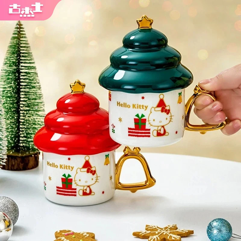 For Sanrio Hello Kitty Mugs Creative Christmas Tree Shape Ceramic Mug with Lid Household Milk Coffee Water Cups for Girl Gifts