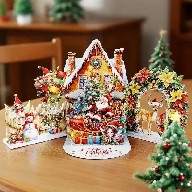 3D-Weihnachtskarte „Night Before Christmas“-Szene mit Weihnachtsmann, Rentier, verschneiten Dorf und Mondlichthimmel, festliche Feiertags-Grußkarte