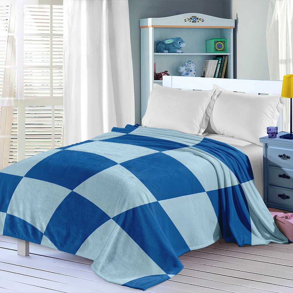 Blue Warped Checkerboard Flannel Blanket Warm Soft Halloween Christmas Decorative Couch Warm Cozy All-Season Gift