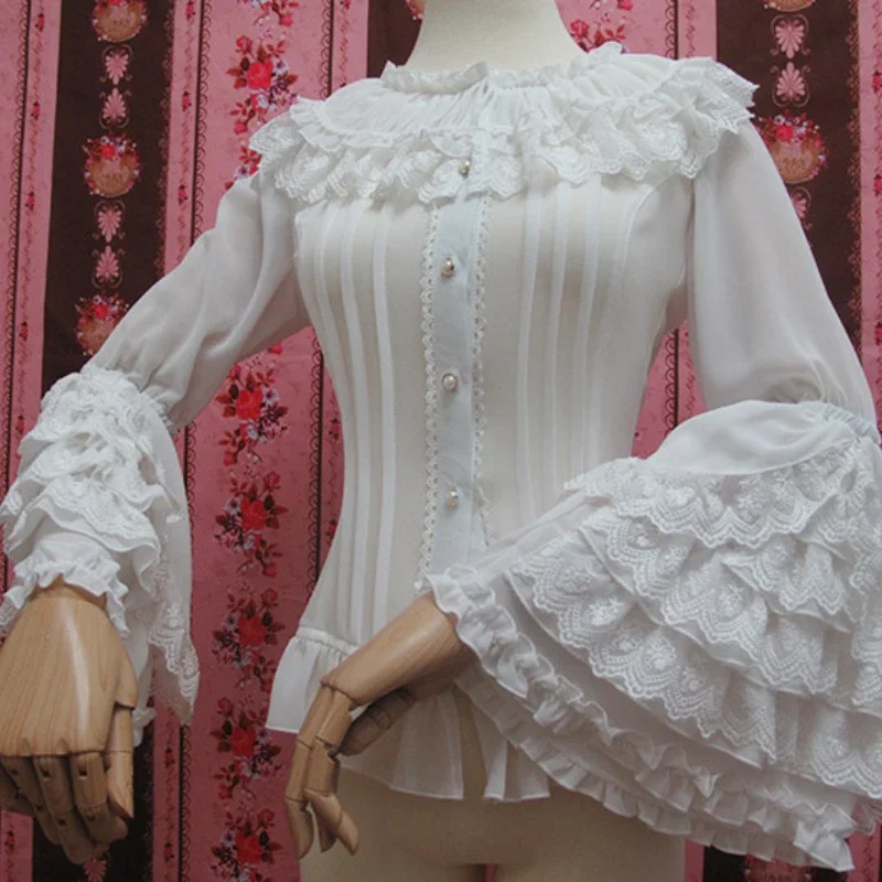 Retro Lolita Blouse Female Long Flare Sleeve Lace Ruffles Top Women\'s Autumn Slim-Fit Elegance Plus Size Chiffon White Shirts