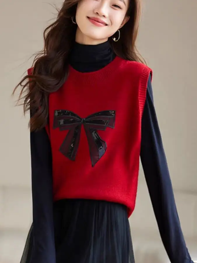 

Женский вязаный жилет Goka Spring 2026 из шерстяной смеси с круглым вырезом, блестящий, с узлом, модный, простой, элегантный