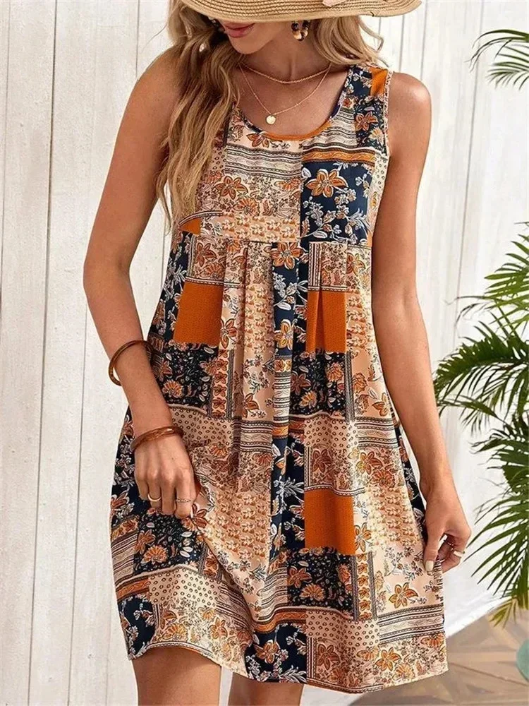 

Ethnic Style Women Sleeveless Geometry Plaid Print Dress Summer Plus Size Loose Mini Dress Casual Tank Female Retro A-Line Dress