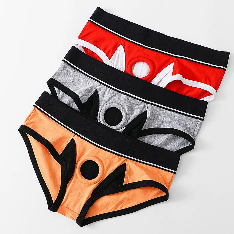 Sexy Underwear Penis Ring Pouch Hole Briefs Mens Gays Panties Sexy Lingerie Silicone Cockring Underpants Cotton Slips Cuecas