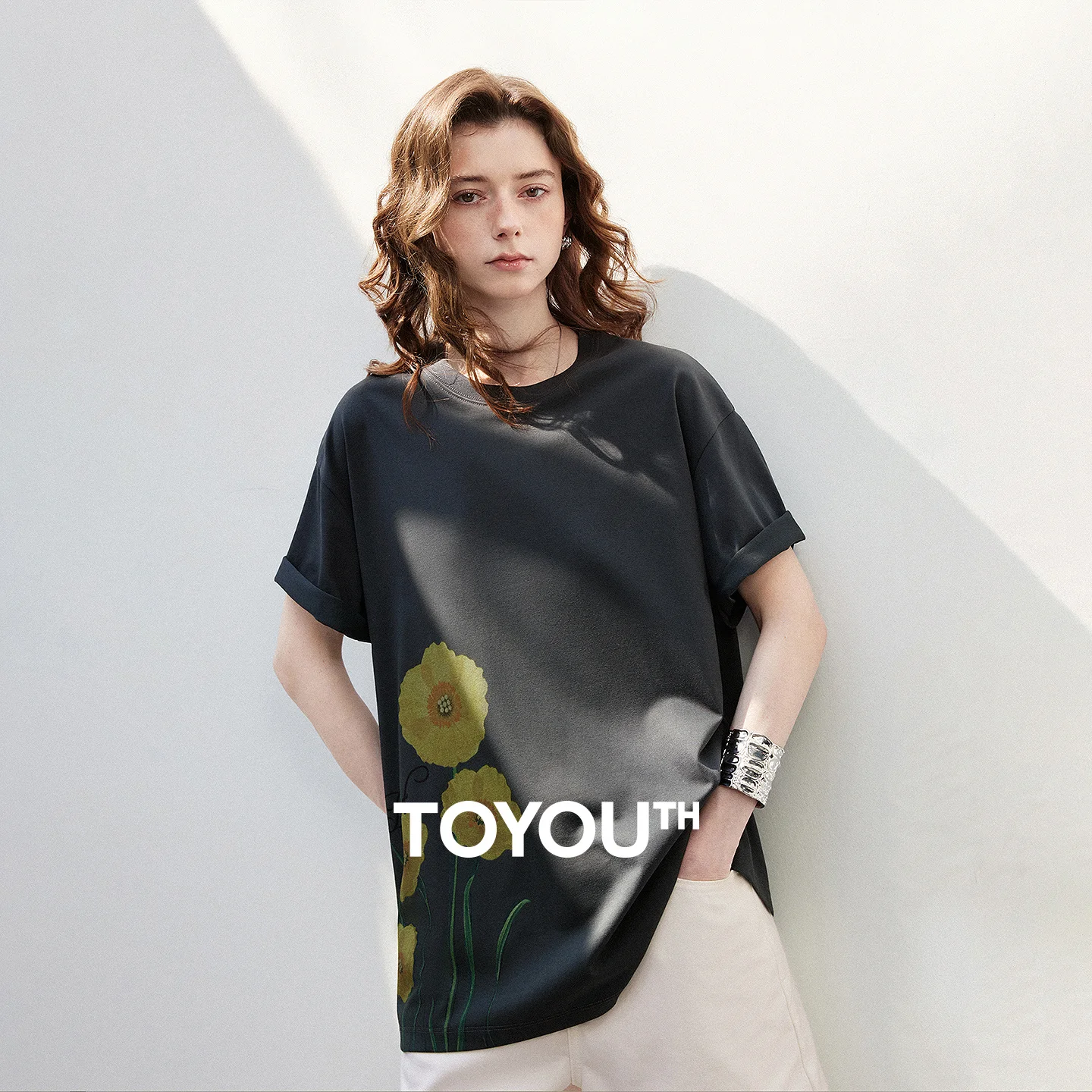 TOYOUTH Women Cotton T-shirt 2026 Summer New Yellow Oil Painting Flower Loose Drop Shoulder Casual Versatile Trendy Tops