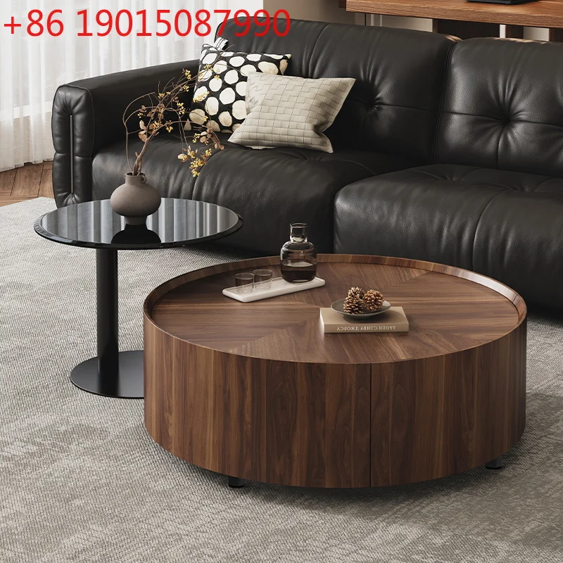 

Minimalist wabi-sabi wind walnut color round coffee table modern simple living room storage coffee table combination