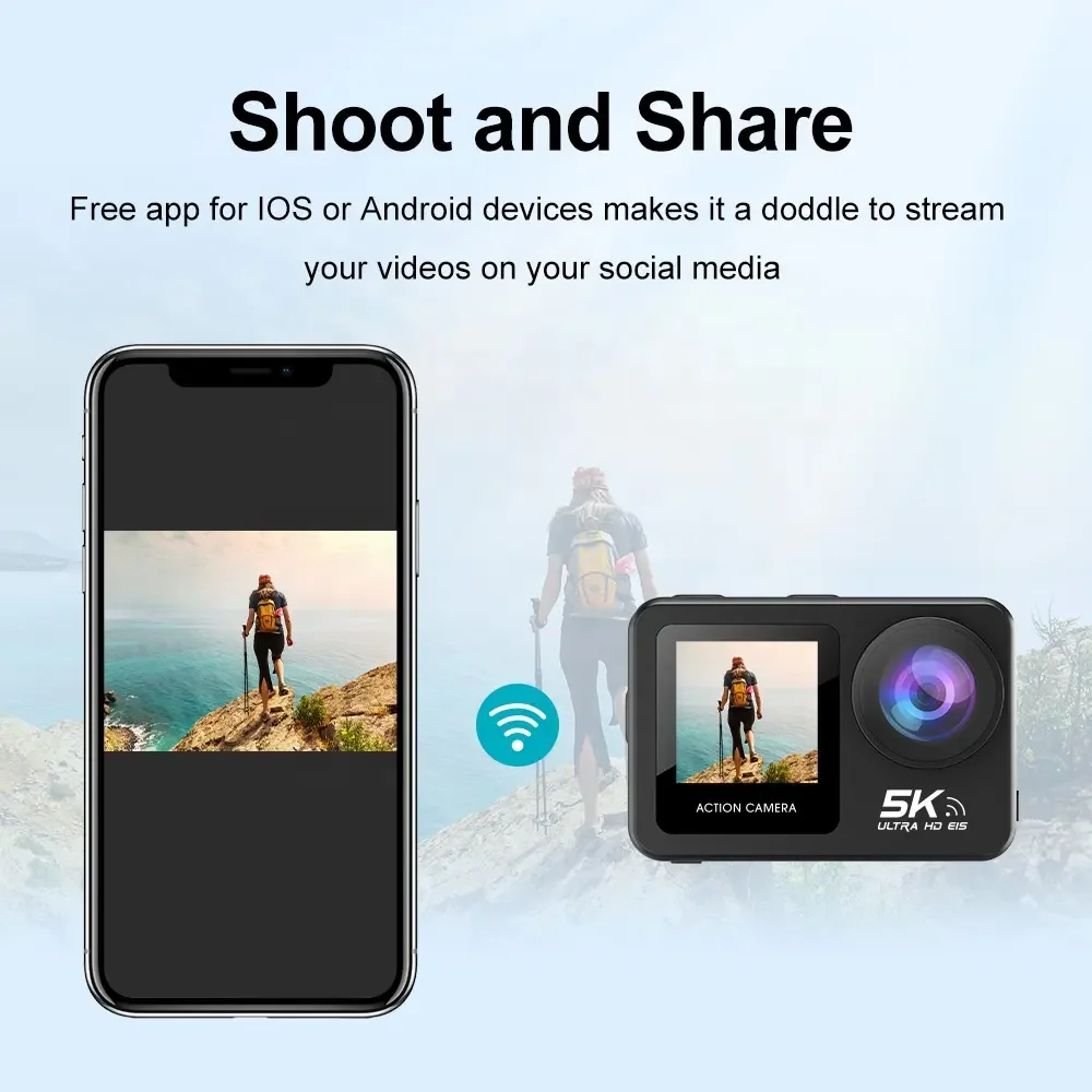 New 5K 60fps EIS WiFi Body Waterproof Action Sports Camera Dual Screen Touch Mini Sport Action DV Recording Function Accessories