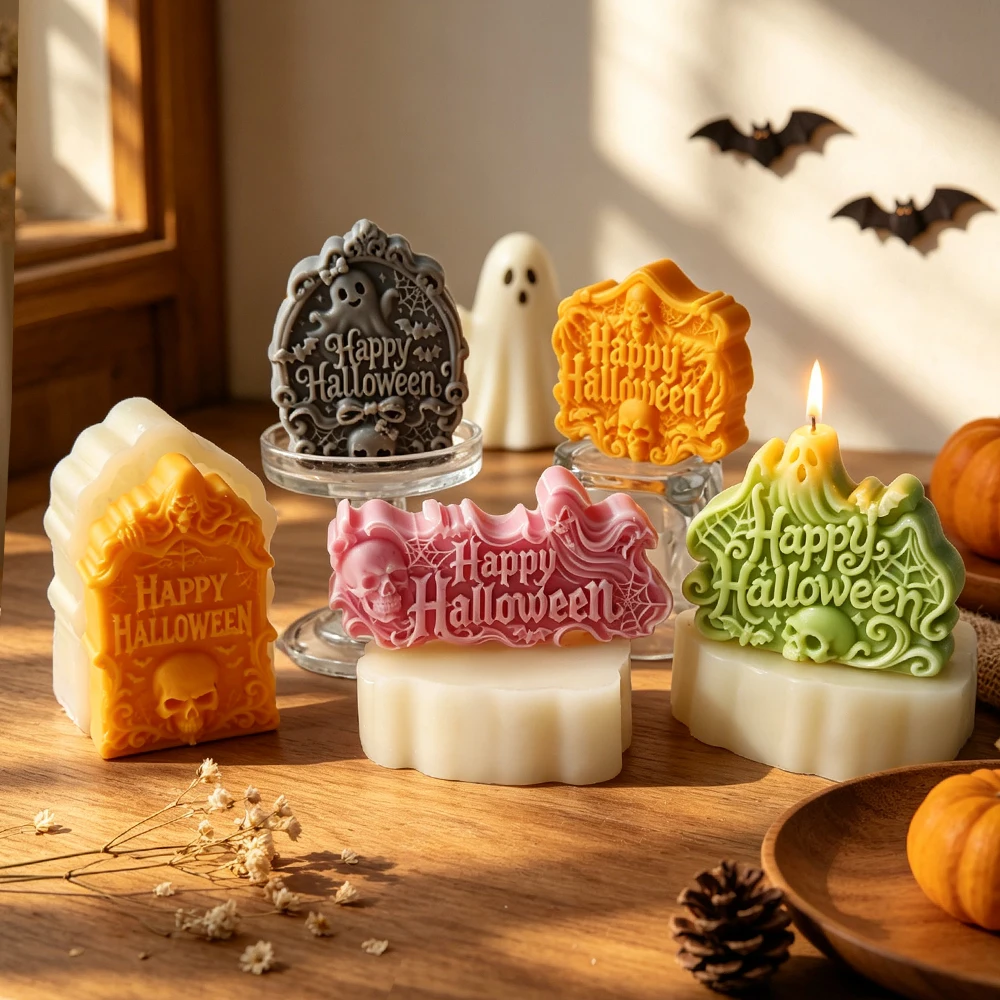 DIY Happy Halloween Tombstone Skull Silicone Mold Ghost Aroma Candle Plaster Casting Mould Halloween Candy Biscuit Baking Molds