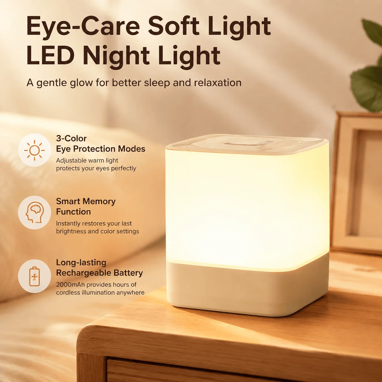 Rechargeable LED Night Light Bedside Lamp Touch Control Dimmable Eye Care Baby Nursing Reading Light 3 Color Modes Smart Memory