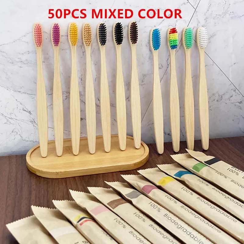 

50pack Bamboo Toothbrush Set Single Cowhide Wrapped Natural and Environmentally Friendly Bamboo Toothbrush Tablet