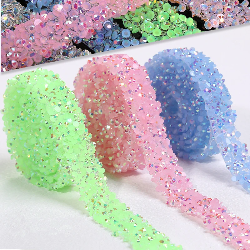 1Yard Self Adhesive 12mm Rhinestone Beaded Trim Colorful Resin Rhinestone Hotfix Ribbon Stick on Chain for DIY Garment,Shoes,dec