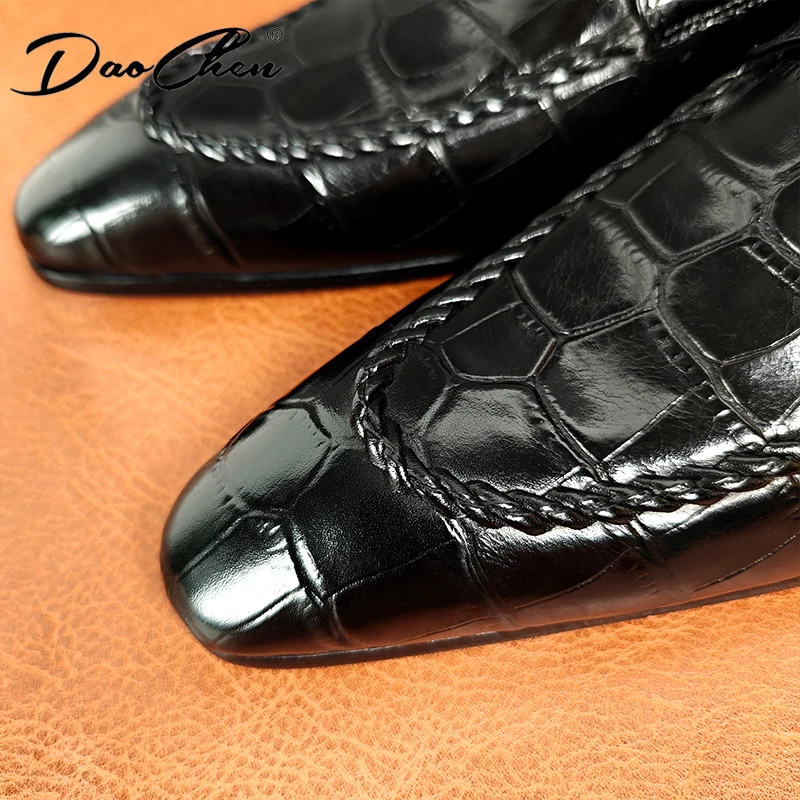 Mocassins de couro masculino, sapatos pretos, estampa de crocodilo, padrão tecido, homens vestem sapatos, casamento, escritório, marca de luxo