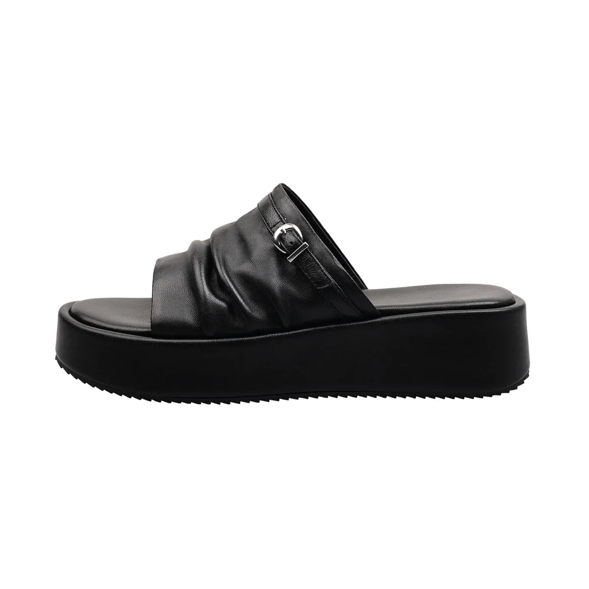 2025 verão plataforma de pele carneiro salto médio plissado palavra chinelos dedo do pé redondo aberto fivela cinto cunha chinelos