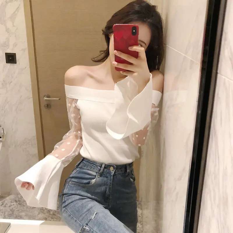 Be Careful with the Machine Knitted Sweater New One Necked Off Shoulder Flared Long Sleeved Mesh Patchwork Sexy Top