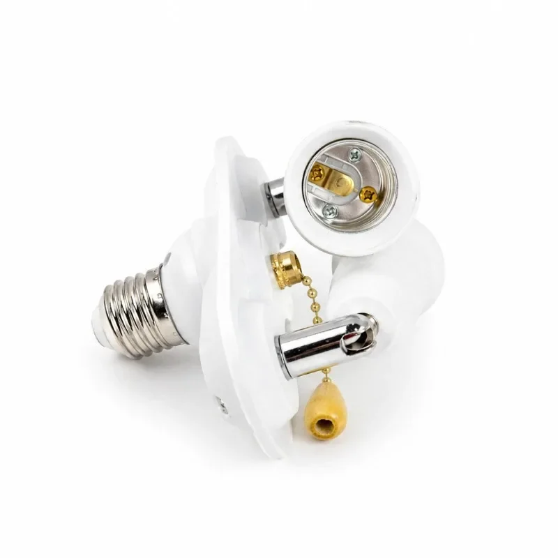 E27 to 2×E27 E26 Universal Light Socket Adapter with Pull Chain Switch, PBT Copper Splitter Lamp Holder for LED Bulbs Home Light