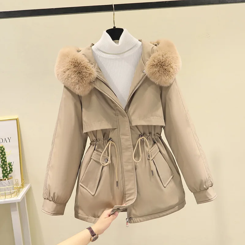 Women Hooded Parkas Coats Mid Lenth Jacket Oversize Solid Fur Collar Drawstring Waist Zipper Loose Elegant Casual Winter 2025