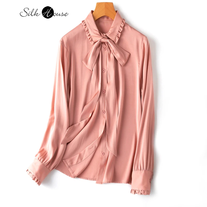 Women's Fashion South French High Quality Soft Waxy Silk Elastic Double Qiao Satin Wooden Ear Collar Long Sleeve Silk Shirt Bow