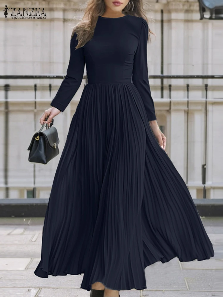 ZANZEA Fashion Women Long Sleeve Party Dresses Autumn Elegant Pleated Long Dress Casual Solid Patchwork Maxi Holiday Sundress