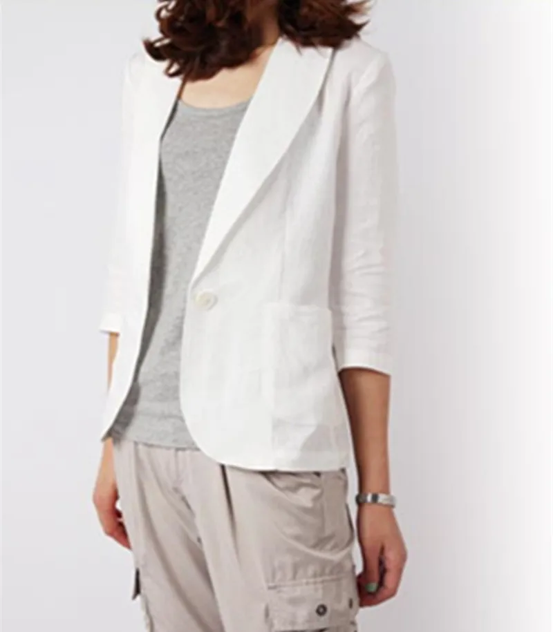 Plus Size White Cotton and Linen Jacket Women blazers Femme Summer Short Slim Three Quarter Sleeve Leisure Coat Office Ladies