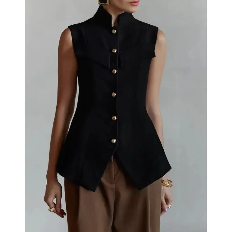 BKQU Stand Collar Elegant Sleeveless Vest 2026 Spring Summer New Solid Single-Breasted Slim Fit Split Office Retro Waistcoat Top