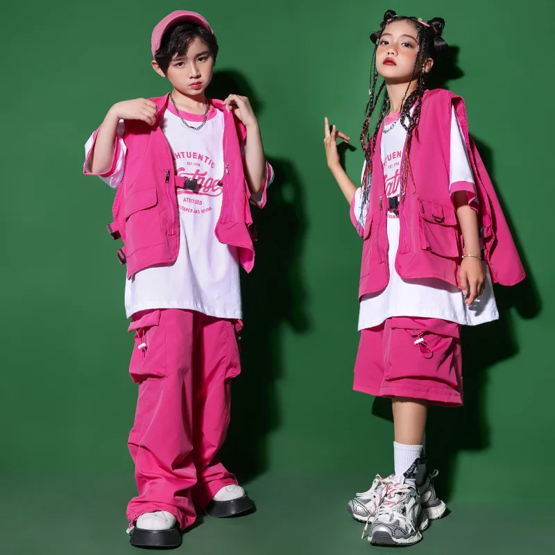 2023 vestiti da ballo Jazz per ragazze maglietta a maniche corte gilet rosa pantaloni Cargo Costume da ballo Hip Hop abbigliamento da spettacolo teatrale per bambini