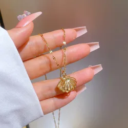 Gold Color Sea Shell Pendant Necklace Women Stainless Steel Collarbone Chain Shell with Pearls Necklace Girls Collar Jewelry