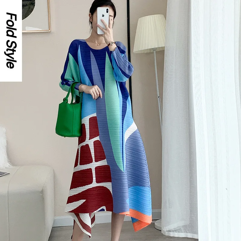 

Miyake Women's Pleated Fashion Print Long Sleeve Loose Fitting Dress Autumn Spring 2024 New Product High Grade Women's Wear