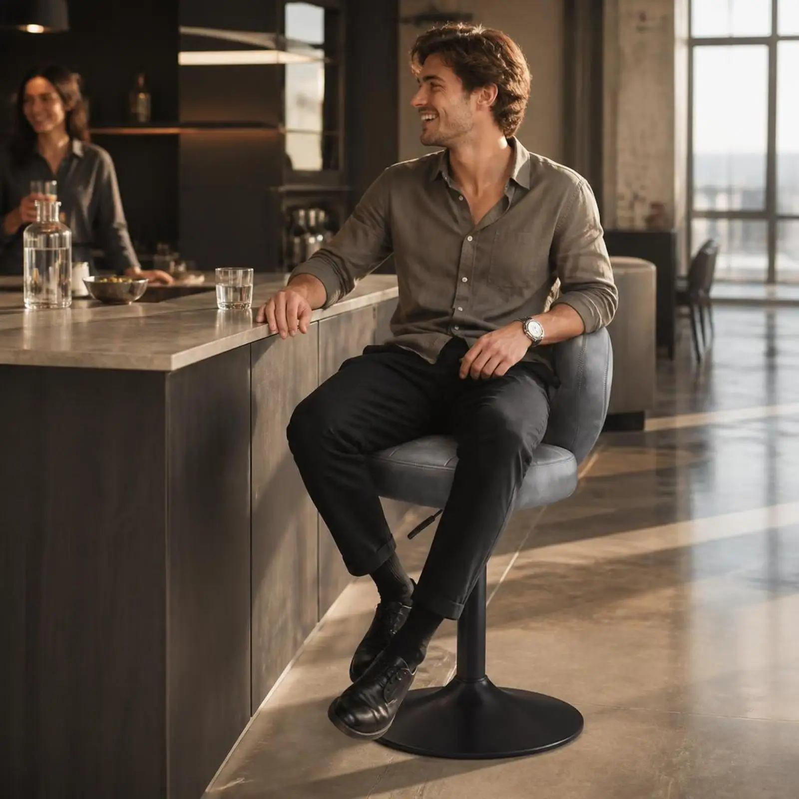 Swivel Counter Stool Leather Adjustable Height Bar Chair with Backrest and Footrest for Kitchen Island Home Bar Seating