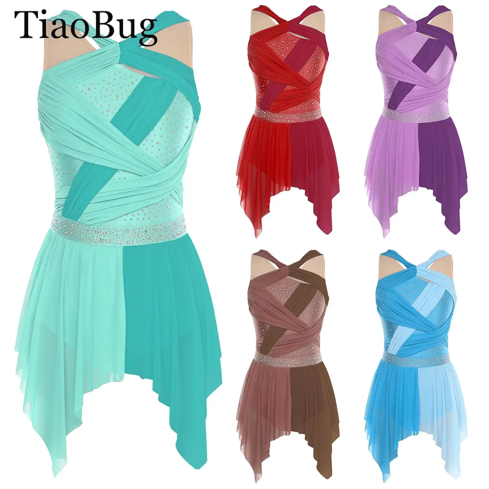 

Womens Rhinestone Lyrical Dance Dress Color Block Mesh Ruched Twisted Knot Irregular Hem Sleeveless Leotard Dress