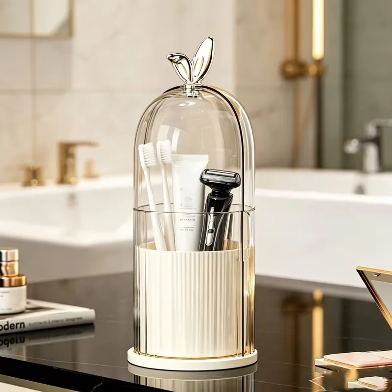360 ° Drehbarer Zahnbürstenhalter mit transparentem Deckel, Make-up-Organizer-Box mit Fächern zur Aufbewahrung von Pinseln – Detail 4