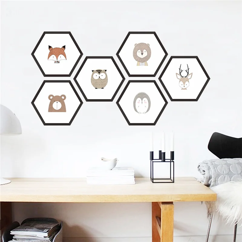 Hexagon Animals Portrait Wall Art Stickers For Office Living Room Bedroom Home Decoration 3d Cartoon Safari Wall Mural Decals