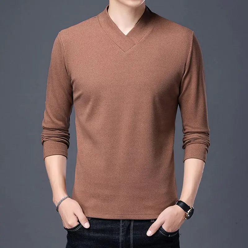 2023 Autumn and Winter Fashion Middle-aged and Young Men's V-neck Solid Color Simple and Warm Double-sided Velvet Bottom Shirt