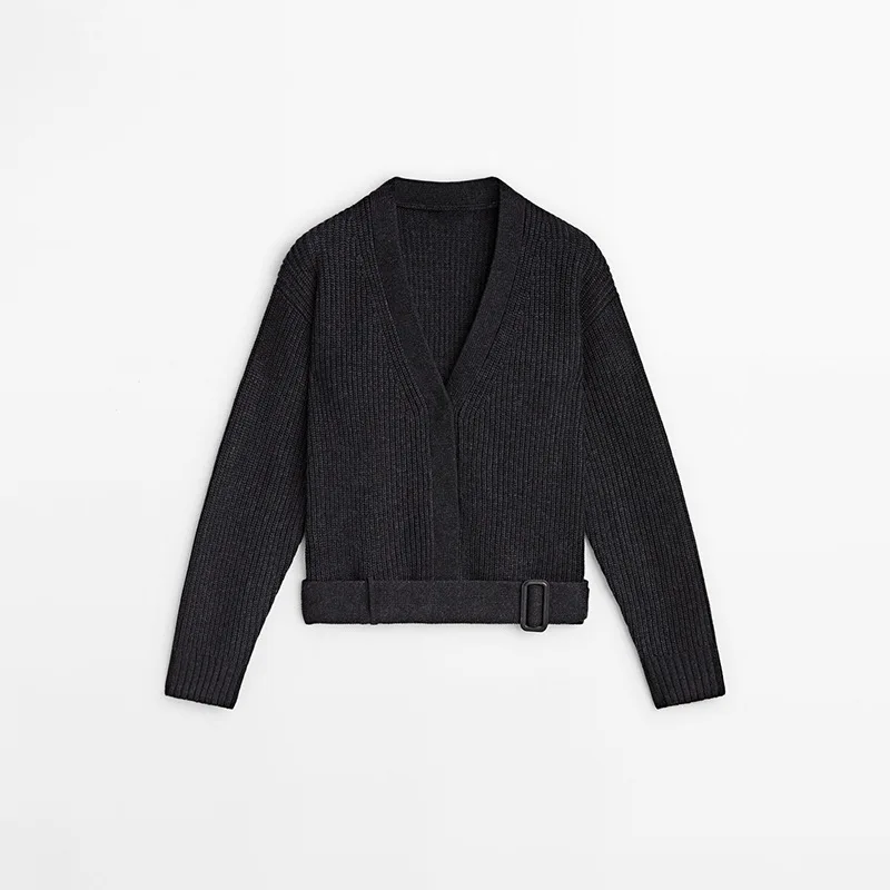 

Woman's Knitted Cardigan with Belt V-neck Long-sleeved Hidden Button Solid Color Simple Versatile Early Autumn New Chic Top