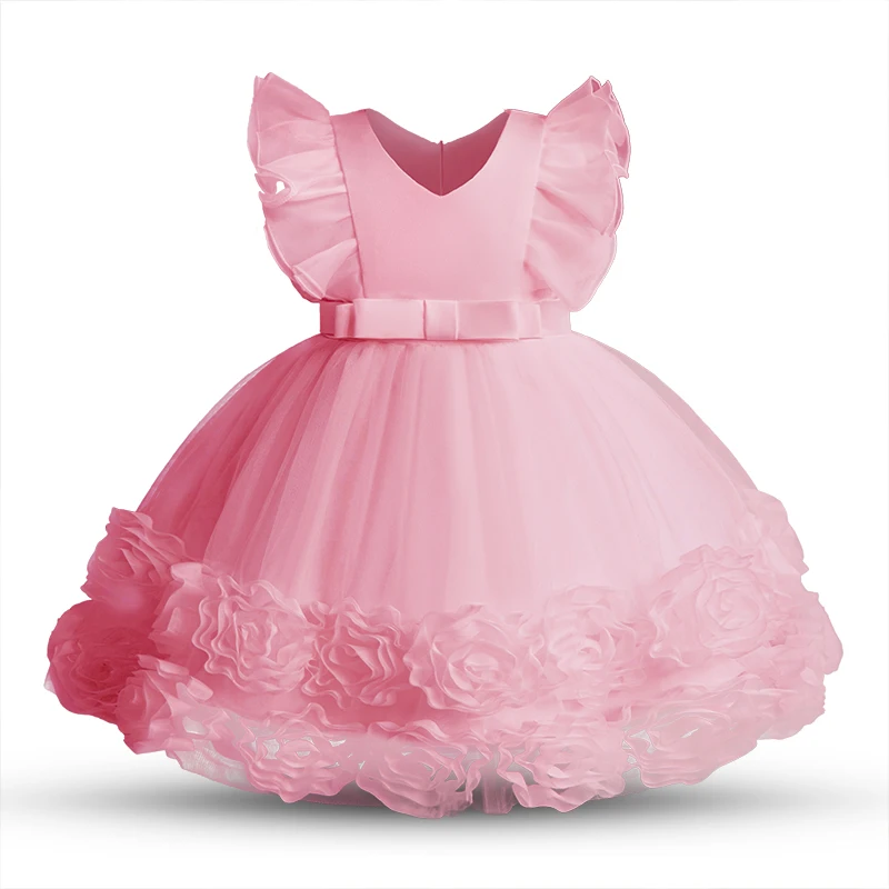 Flower Party Dresses For Girls Flying Sleeves Princess Birthday Puffy Dress Baby Girl Baptism Tutu Dresses Children Wedding Gown